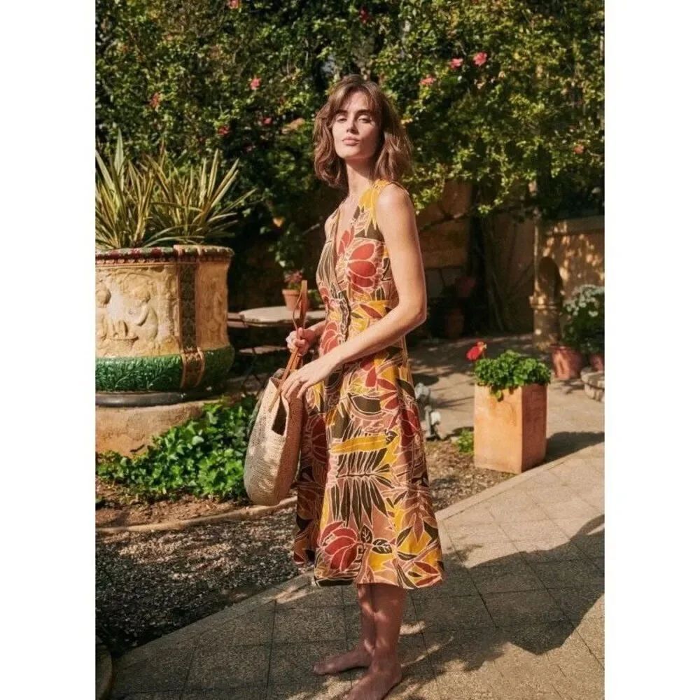 Sezane Women’s Mathilda Linen Blend Wrap Midi Dress Multicolor Tropical Floral